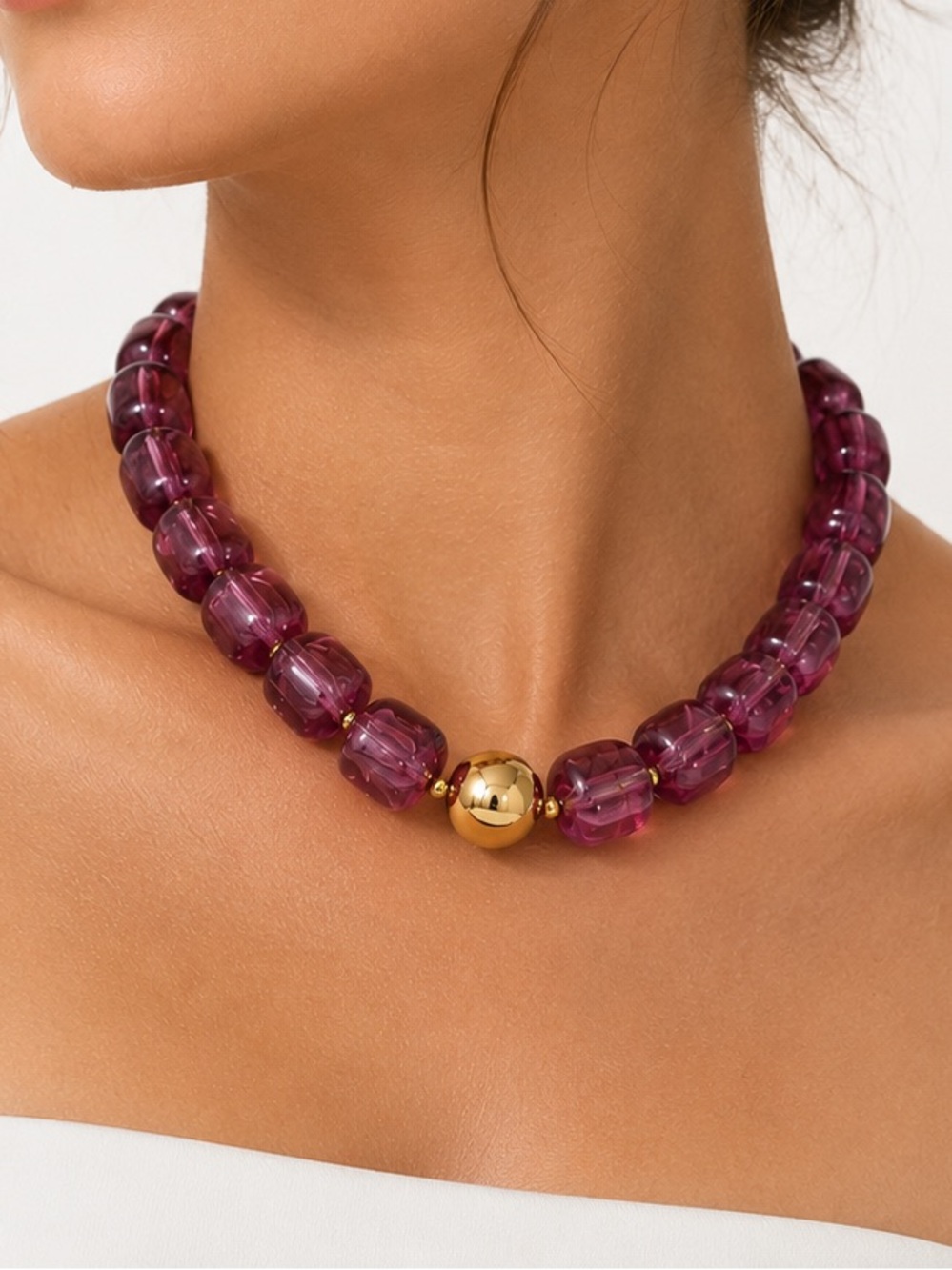 Purple Bead Gold Ball Necklace - Picture 8 of 8